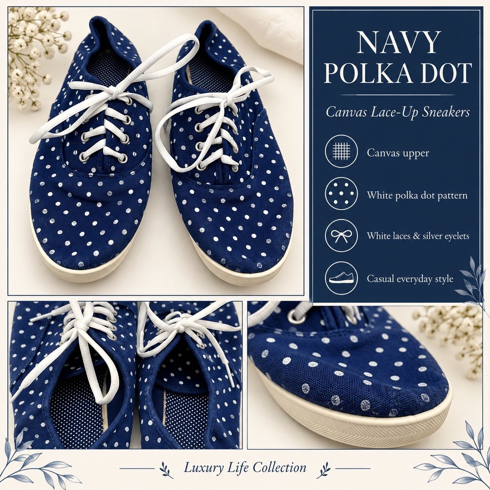 Navy Blue Polka Dot Canvas Sneakers Low Top Lace Up Shoes WMUB27DP052 Size 10